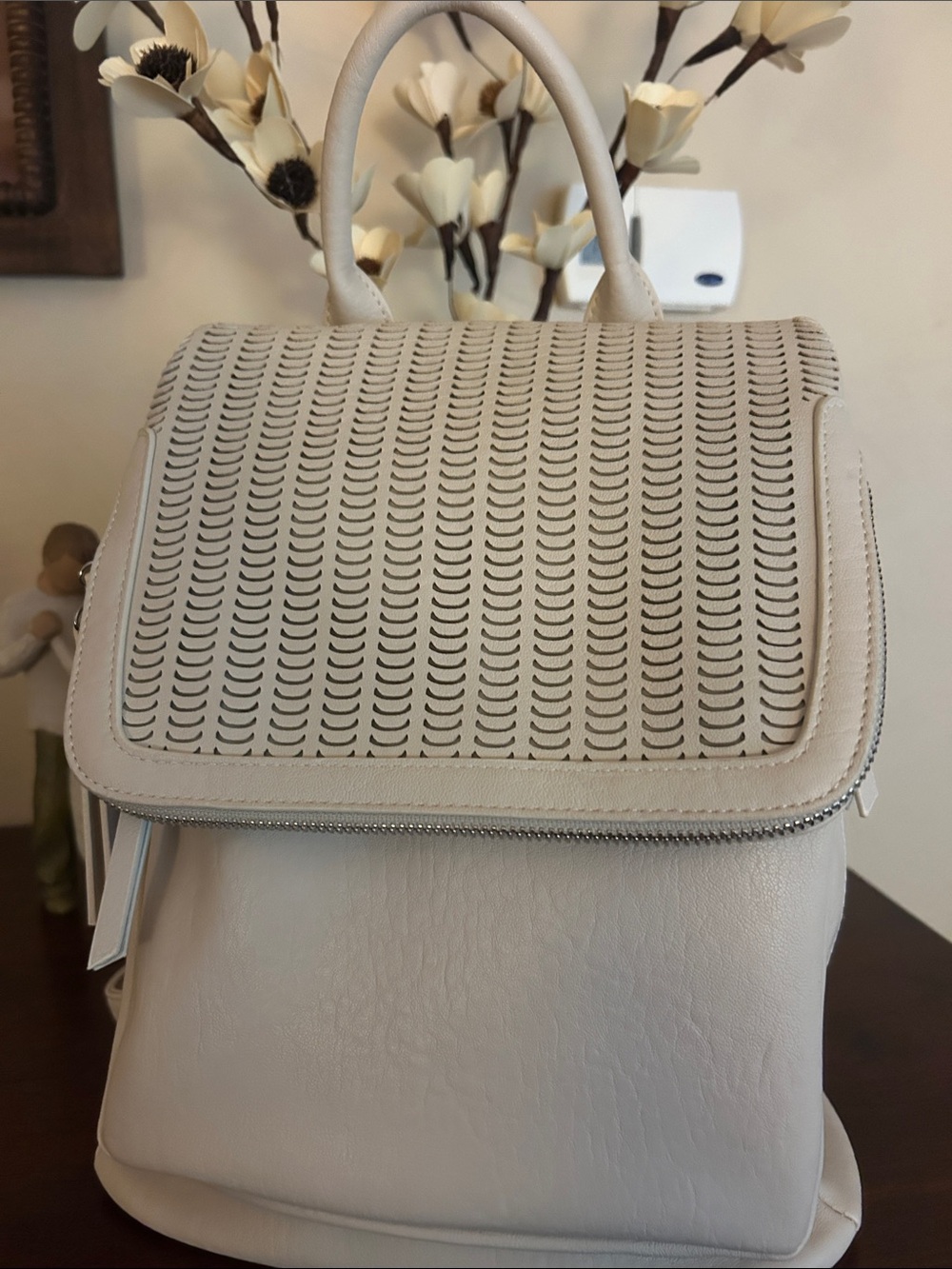 Women's Cream faux Leather Backpack Purse - Minimalist Everyday Bag